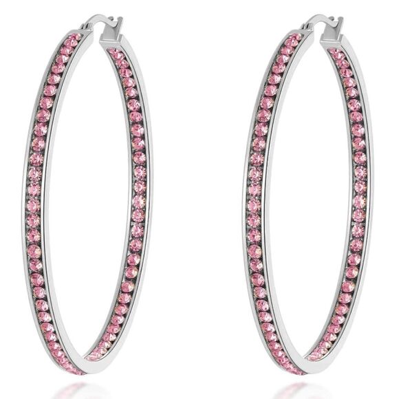 14K White Gold with Pink Sapphire Cubic Zirconia Big Hoop Latch Back Earrings - Picture 1 of 6
